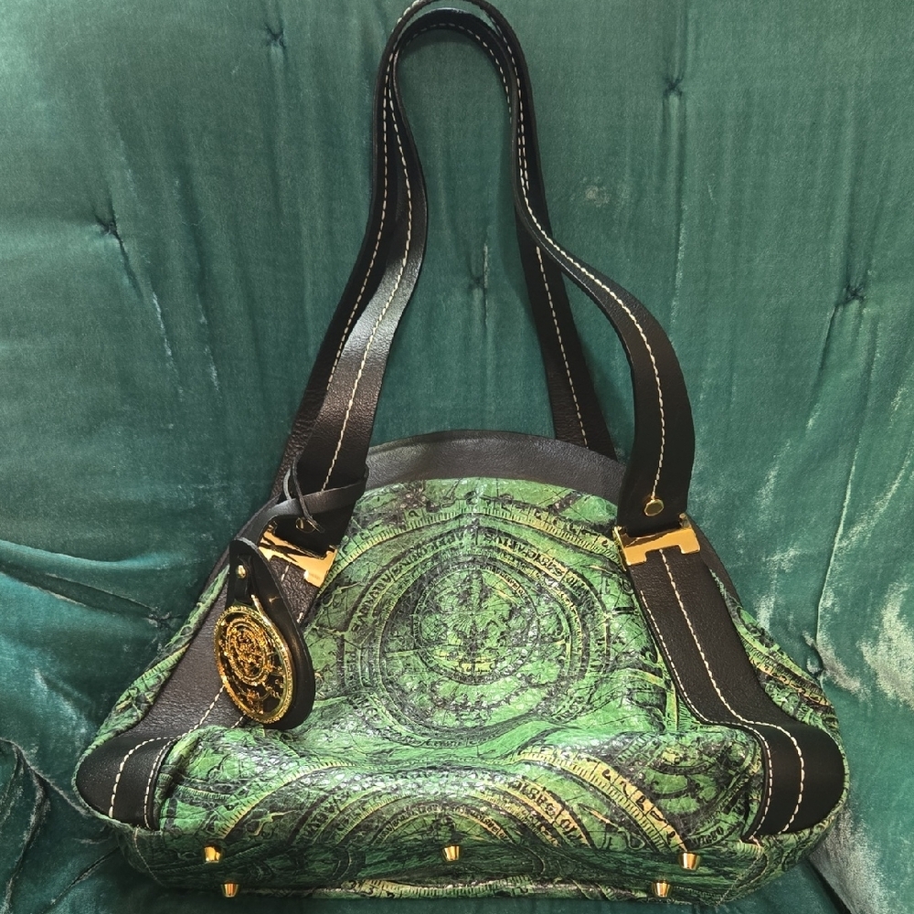 Emerald Green and Black Artistic Shoulder Bag with Gold Accents